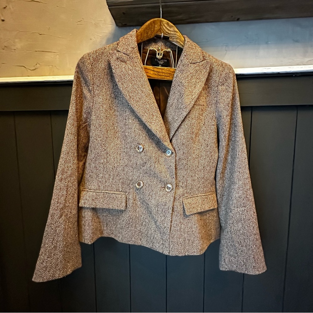 Talbots Women's Brown Cream Double-Breasted Harris Tweed Blazer Size 16P Classic